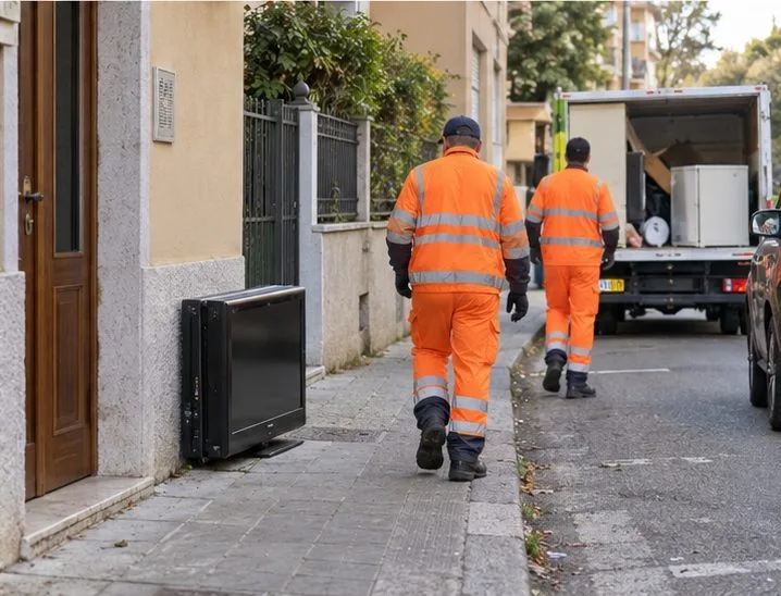 Due operatori ecologici si avvicinano a un televisore posizionato vicino all’ingresso di un’abitazione per il ritiro concordato