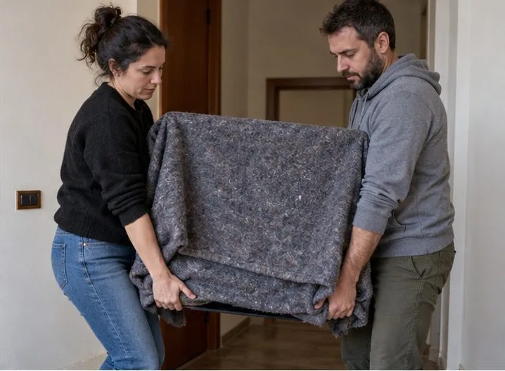 Due persone sollevano insieme un televisore protetto da una coperta, sostenendolo ai lati