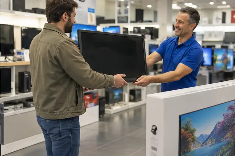 Un cliente consegna un vecchio televisore a un addetto in un negozio di elettronica