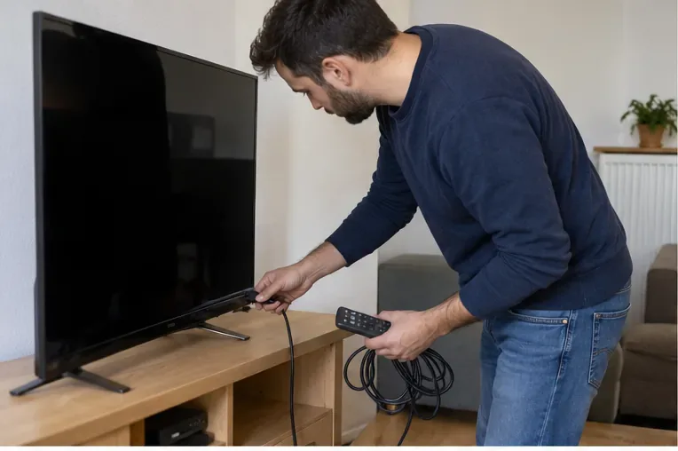 Una persona scollega i cavi da un televisore prima di prepararlo al corretto conferimento come RAEE