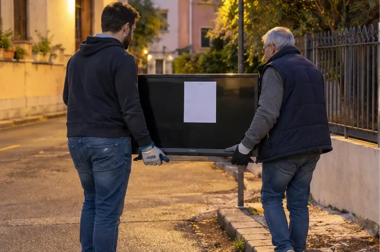 Due persone trasportano con cautela un televisore verso il punto di esposizione, con un foglio di prenotazione applicato sul retro