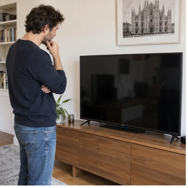 Persona che controlla un televisore a schermo piatto in un soggiorno milanese prima dello smaltimento