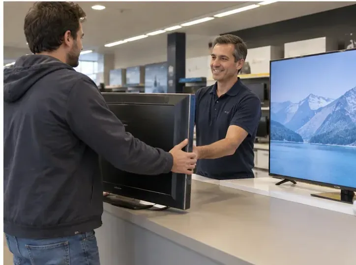 Un cliente consegna un vecchio televisore al banco di un negozio di elettronica durante la sostituzione con un nuovo apparecchio