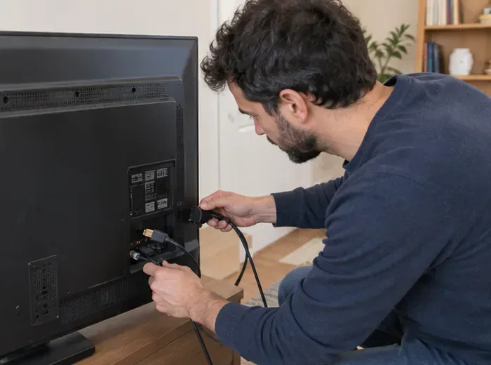 Una persona scollega alimentazione e cavi dal retro di un televisore prima del conferimento come RAEE