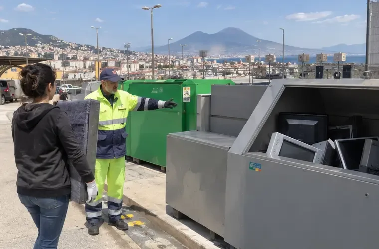 Un operatore indica a una cittadina il contenitore per televisori e monitor in un'area ecologica con vista sul golfo di Napoli