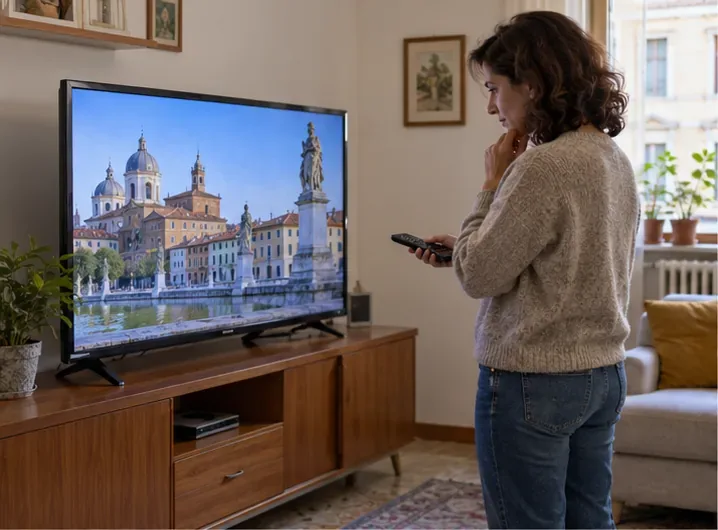 Una donna con telecomando osserva un televisore acceso in un soggiorno