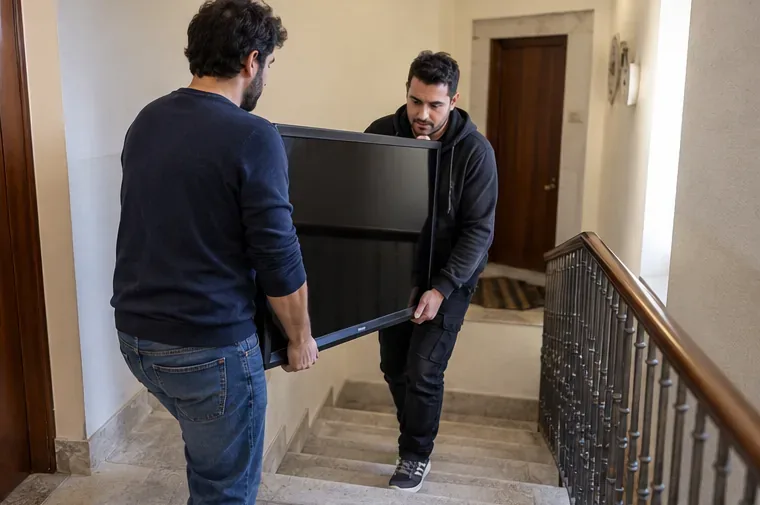 Due persone trasportano con attenzione un televisore a schermo piatto lungo una scala condominiale
