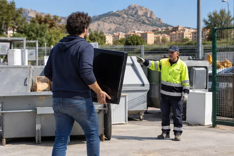Una persona consegna un vecchio televisore a un addetto in un centro comunale di raccolta