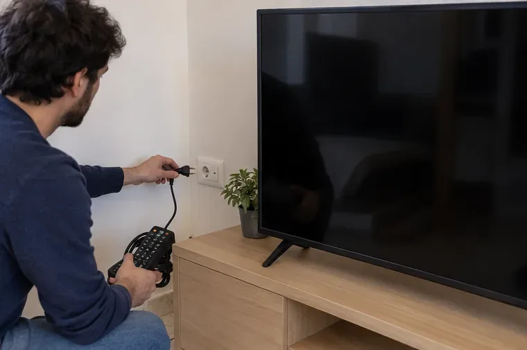 Una persona scollega dalla presa un televisore a schermo piatto prima dello smaltimento