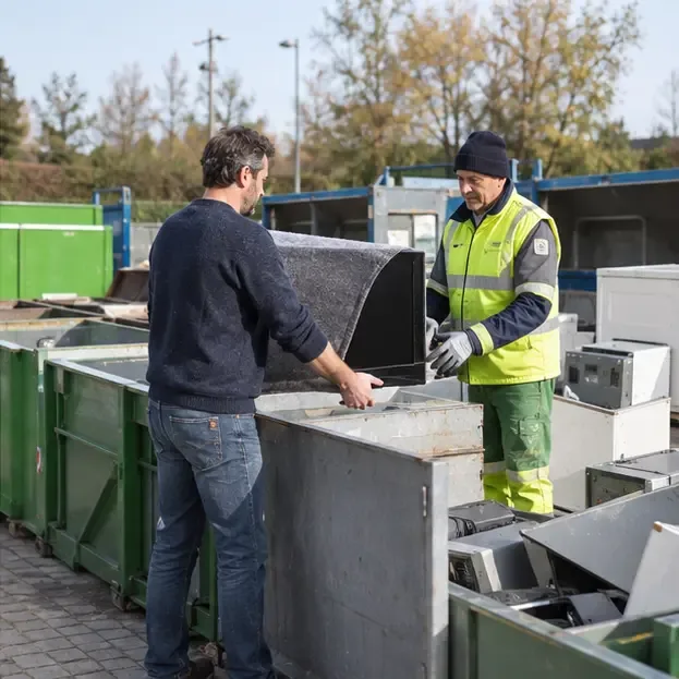 Cittadino e operatore in un’area attrezzata mentre collocano un televisore nella zona per apparecchi elettronici