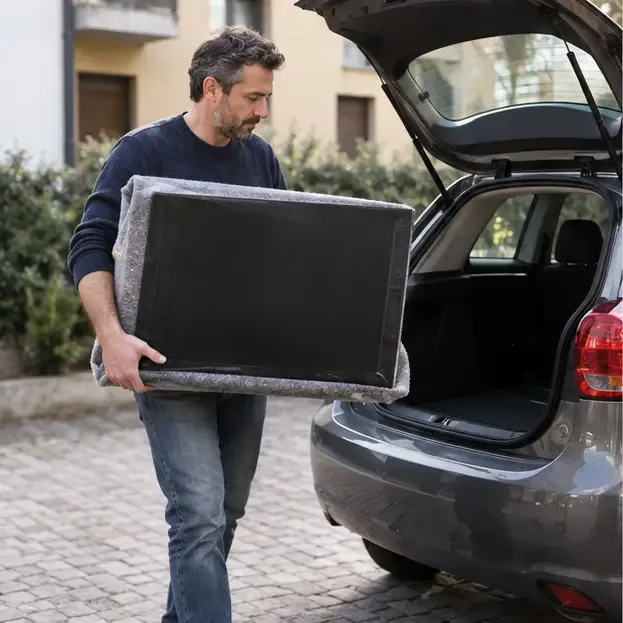Persona che trasporta con entrambe le mani un televisore protetto verso il bagagliaio di un’automobile