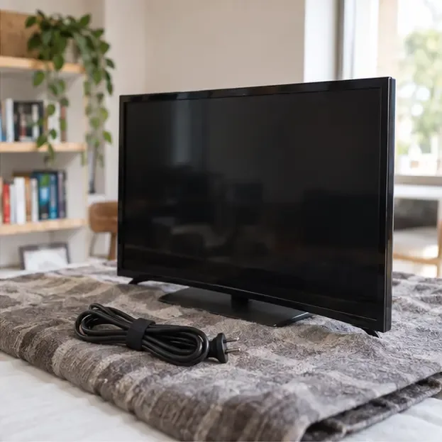 Televisore appoggiato su una coperta con il cavo di alimentazione raccolto e fissato
