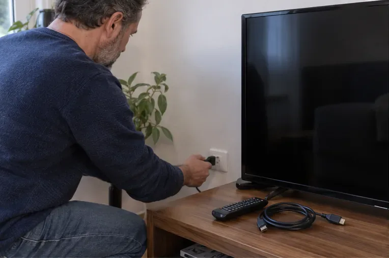 Persona che scollega un televisore spento e raccoglie telecomando e cavi sul mobile