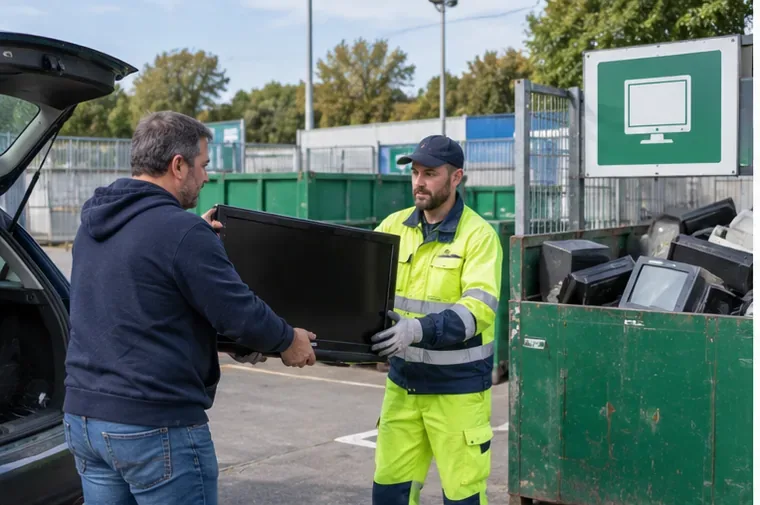 Un cittadino consegna un televisore a un operatore in un centro di raccolta per RAEE.