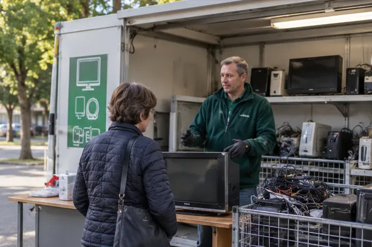 Un punto mobile di raccolta riceve apparecchiature elettriche ed elettroniche da un cittadino.