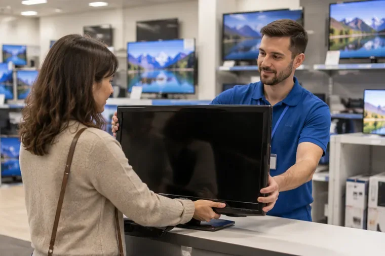 Una cliente riconsegna un vecchio televisore in un negozio di elettronica durante la sostituzione dell'apparecchio.