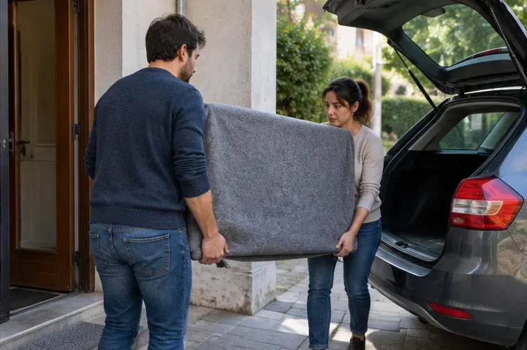 Due persone trasportano con cautela un televisore protetto verso il bagagliaio di un'auto.