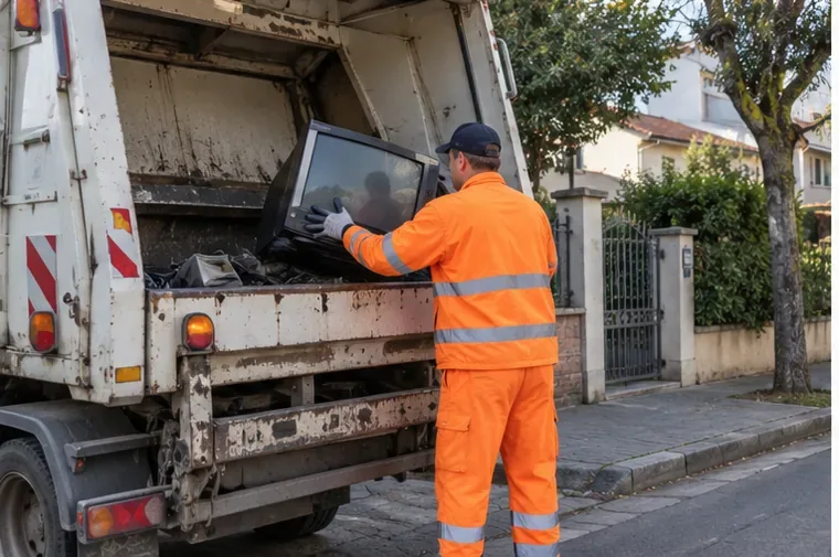 Un operatore carica un televisore su un mezzo di raccolta durante un ritiro programmato.