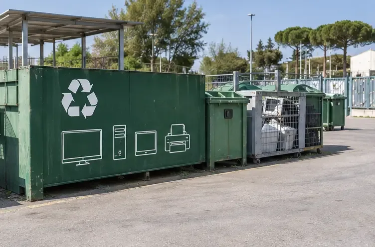 Area esterna di un centro di raccolta con contenitori per apparecchi elettronici e simbolo del riciclo