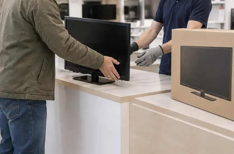 Cliente e addetto di un negozio di elettronica consegnano un vecchio televisore vicino a una nuova confezione