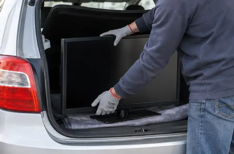 Persona con guanti che sistema il televisore in posizione verticale nel bagagliaio di un’auto