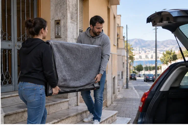Due persone trasportano un televisore protetto con una coperta verso il bagagliaio di un’auto