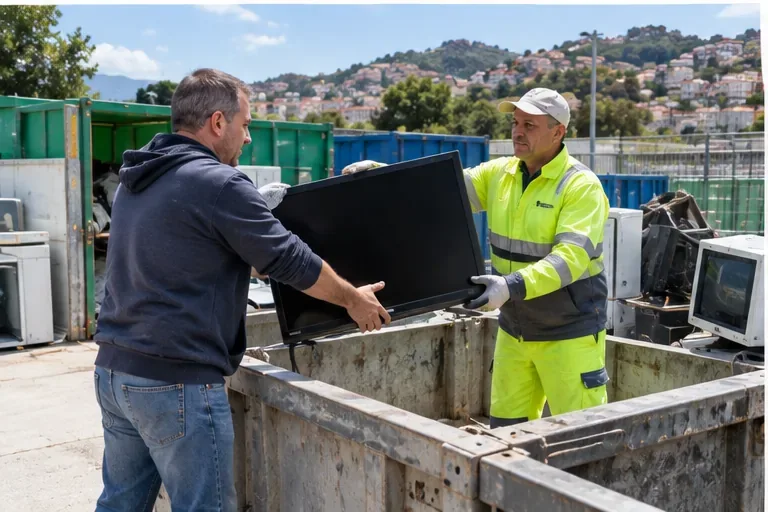 Un cittadino consegna un televisore a un addetto in un’area attrezzata con contenitori per apparecchiature elettriche