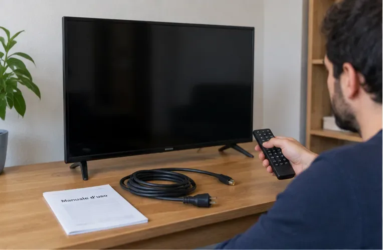 Televisore spento su un mobile con telecomando, cavo di alimentazione e manuale pronti per la preparazione allo smaltimento