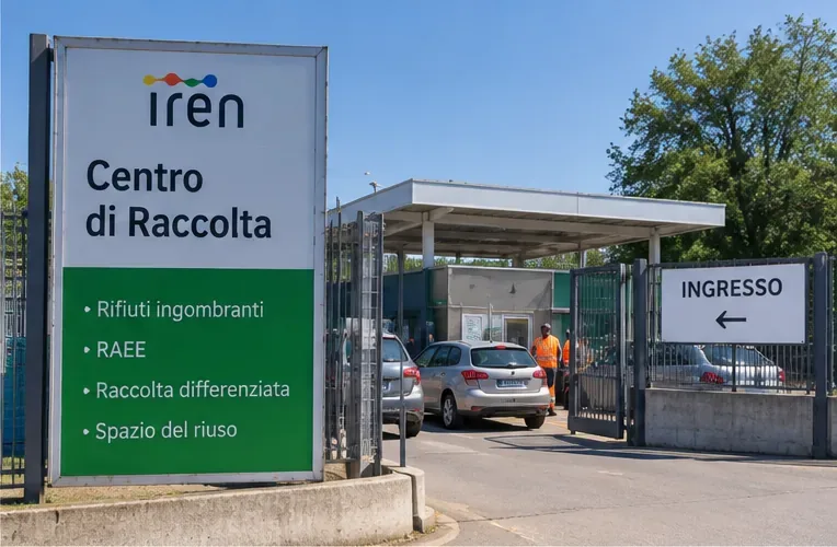 Ingresso di un centro di raccolta con cartello che indica RAEE e raccolta differenziata