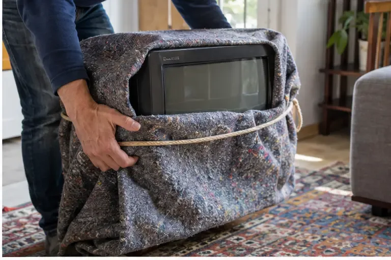 Un vecchio televisore è avvolto in una coperta e tenuto fermo per proteggerlo durante lo spostamento