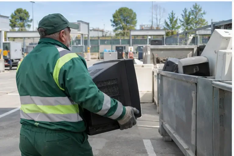 Un operatore sposta un vecchio televisore verso un contenitore separato in un centro di raccolta