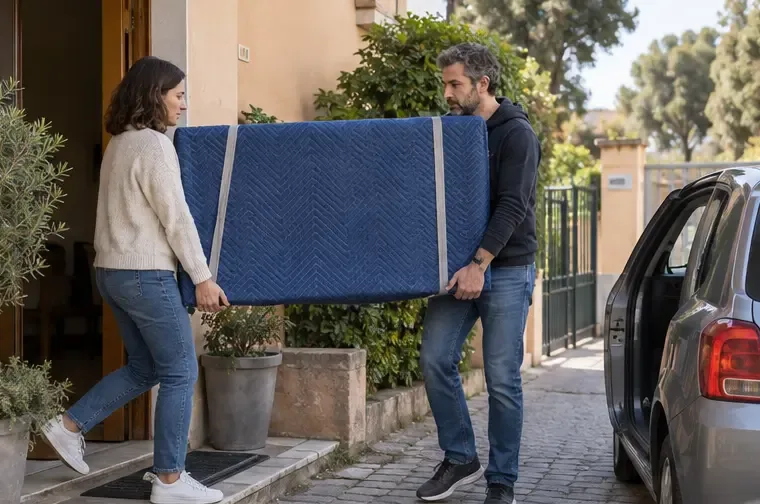 Due persone trasportano un televisore avvolto in una coperta protettiva verso un’automobile
