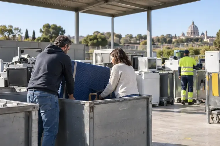 Un centro di raccolta comunale all’aperto con contenitori per apparecchi elettronici e un televisore protetto