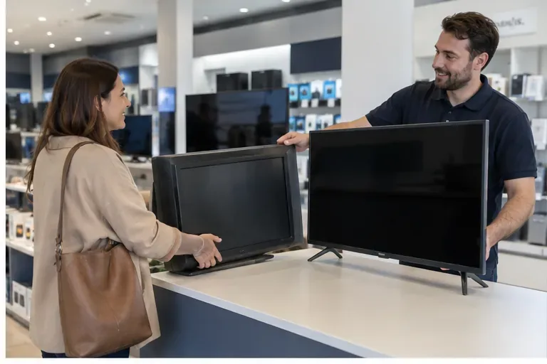 Una cliente consegna un vecchio televisore al personale di un negozio di elettronica durante l’acquisto di un nuovo TV