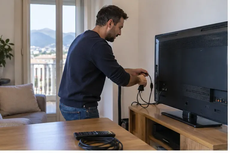Una persona scollega con attenzione i cavi dal retro di un televisore prima del conferimento