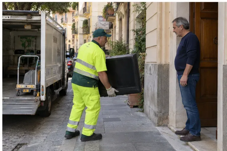Un addetto al servizio di raccolta ritira un televisore davanti all’ingresso di un’abitazione