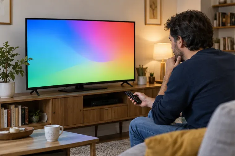 Una persona controlla un televisore a schermo piatto ancora acceso con un telecomando in mano.