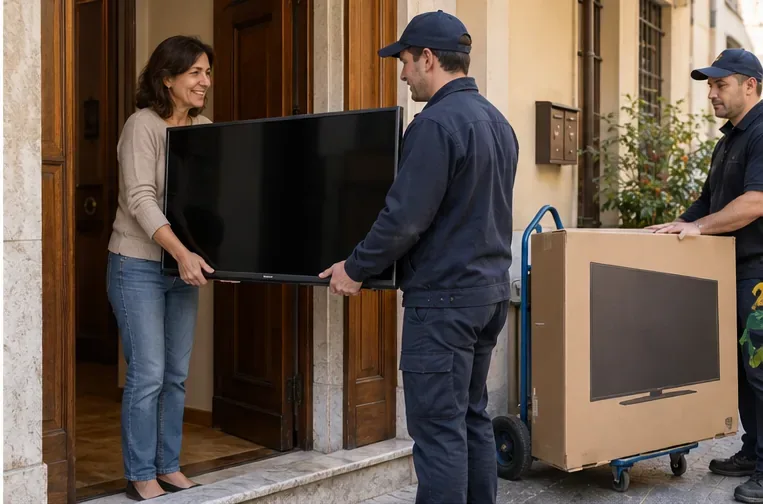 Una donna e un addetto tengono un vecchio televisore sulla soglia mentre arriva un televisore nuovo imballato.