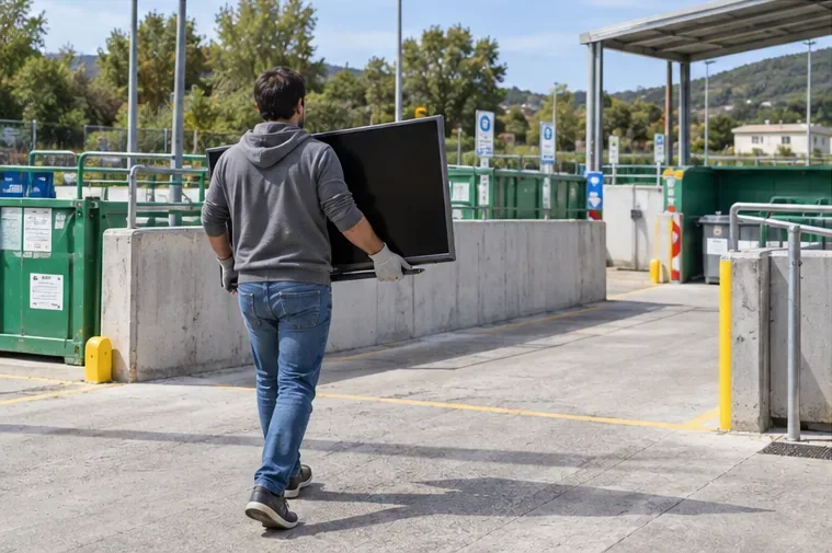 Un residente trasporta un televisore integro verso l’area di conferimento di un centro di raccolta.