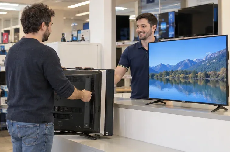 Un cliente consegna un vecchio televisore a un addetto in un negozio di elettronica mentre ritira un nuovo televisore