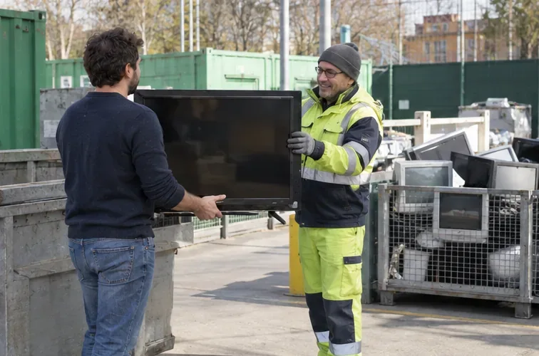 Un addetto di un centro di raccolta riceve un televisore usato da un cittadino accanto ai contenitori per rifiuti elettronici