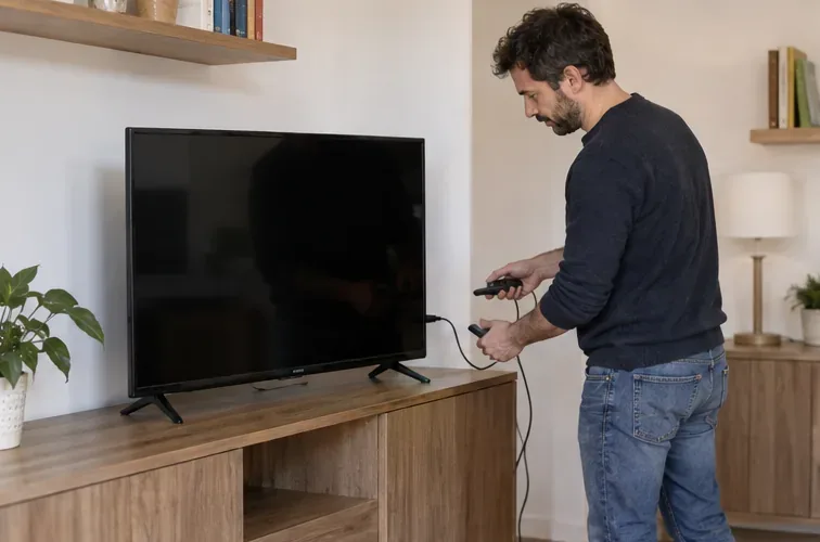 Una persona scollega i cavi da un vecchio televisore a schermo piatto prima di prepararlo allo smaltimento