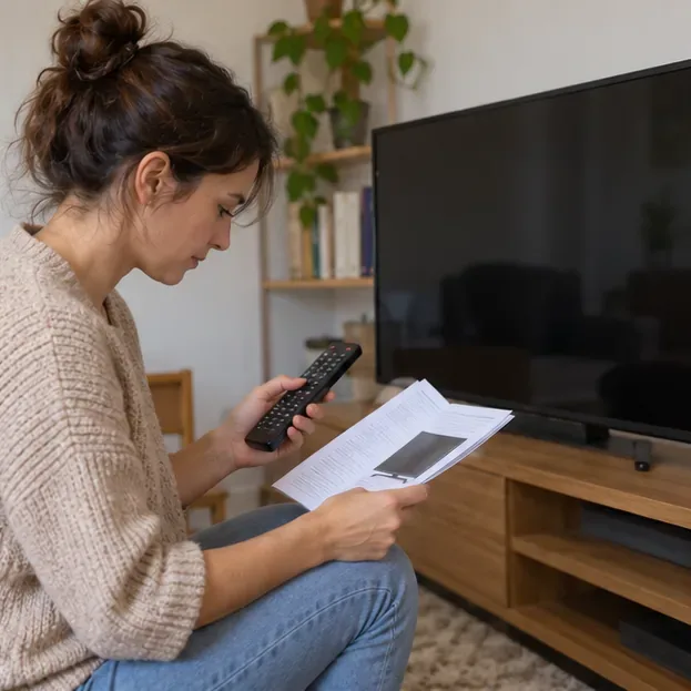 Una donna consulta il manuale cartaceo e il telecomando accanto a uno Smart TV spento