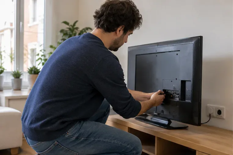 Persona che scollega i cavi sul retro di un televisore prima dello smaltimento