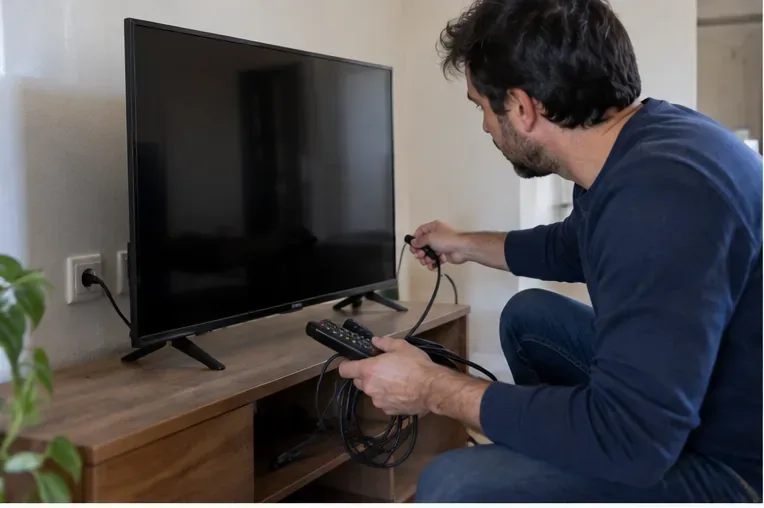Una persona scollega i cavi da un televisore a schermo piatto in salotto e raccoglie telecomando e collegamenti