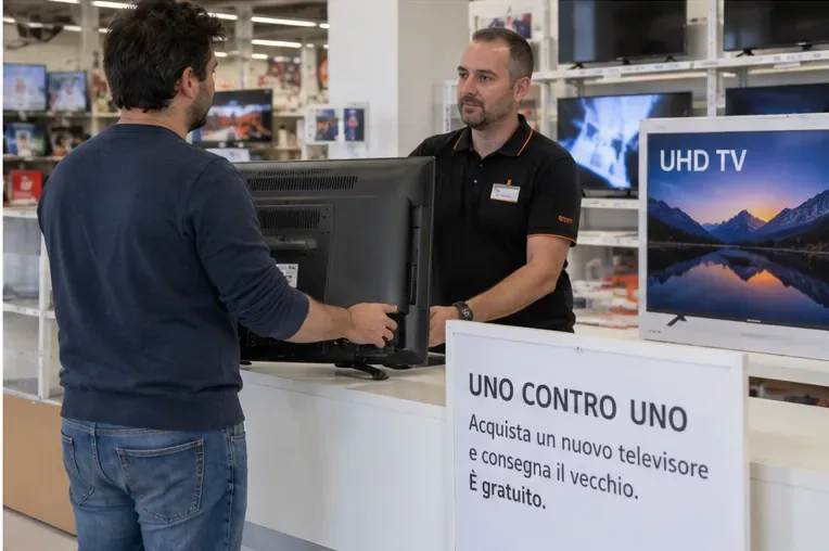 Un cliente consegna un vecchio televisore al banco di un negozio di elettronica durante l’acquisto di un apparecchio nuovo