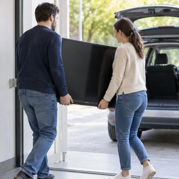 Due persone trasportano insieme un televisore a schermo piatto verso un’automobile