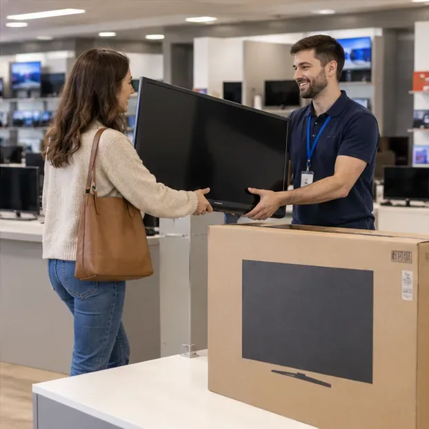 Una cliente consegna un vecchio televisore a un addetto in un negozio di elettronica accanto alla confezione di un nuovo TV