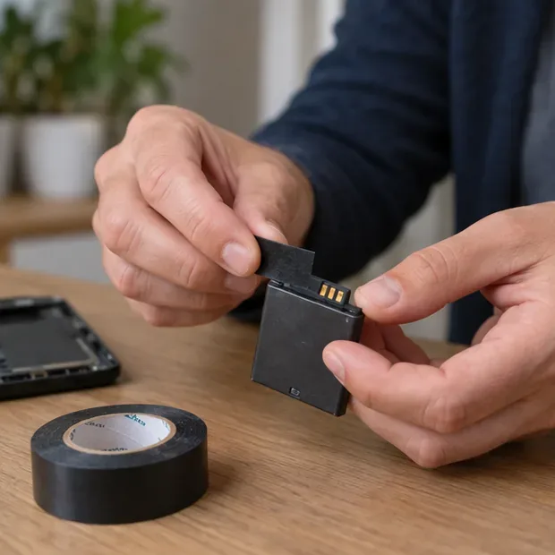 Mani che proteggono i contatti di una piccola batteria al litio con nastro isolante prima del trasporto