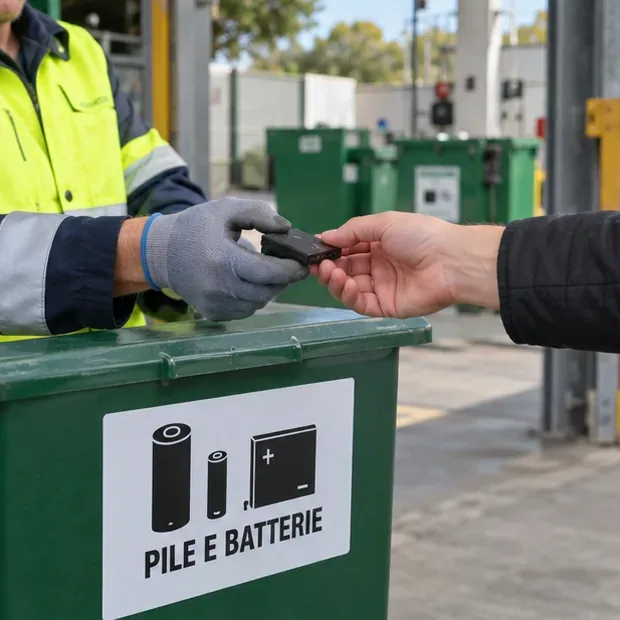 Addetto di un centro di raccolta che riceve una piccola batteria accanto a un contenitore dedicato a pile e batterie